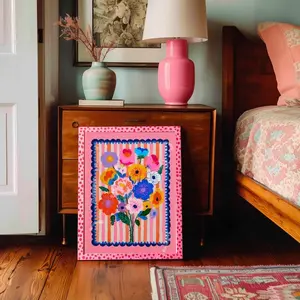 [SALE UP TO 50% + FREE SHIP] Cheerful Pink Floral Wall Art – Bright Bold Bouquet with Stripes, Colorful Maximalist Flower Print for Bedroom, Gallery Wall Modern Retro