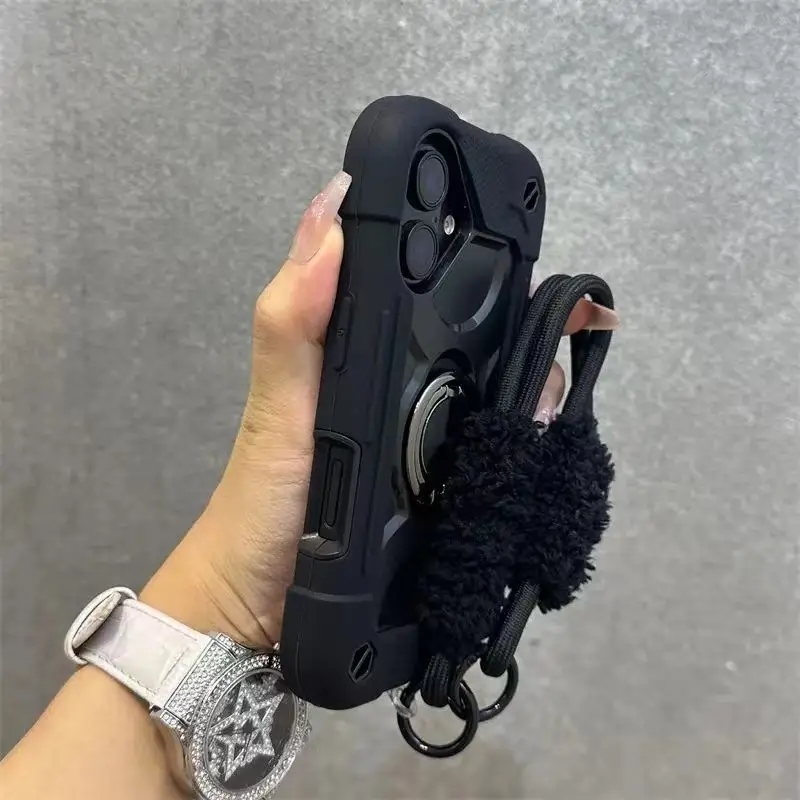 Dazzling New iP17promax Lanyard Phone Case Double Ring Thickened 16 Super Anti-Fall 15 Silicone 134 Skin Feeling 13 12 Protector Screen Protector Cove