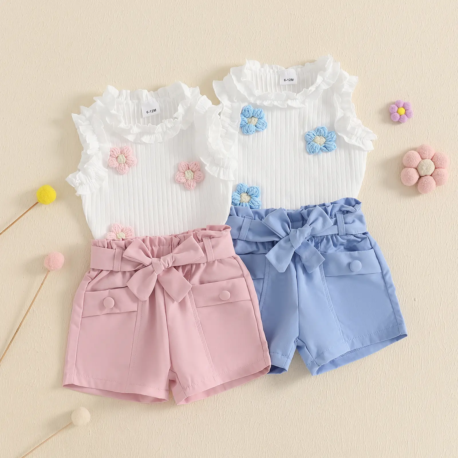 Toddler Baby Girl Summer Outfit 3D Flower Embroidery Ruffled Crew Neck Sleeveless Tops and Shorts 2 Pcs Set