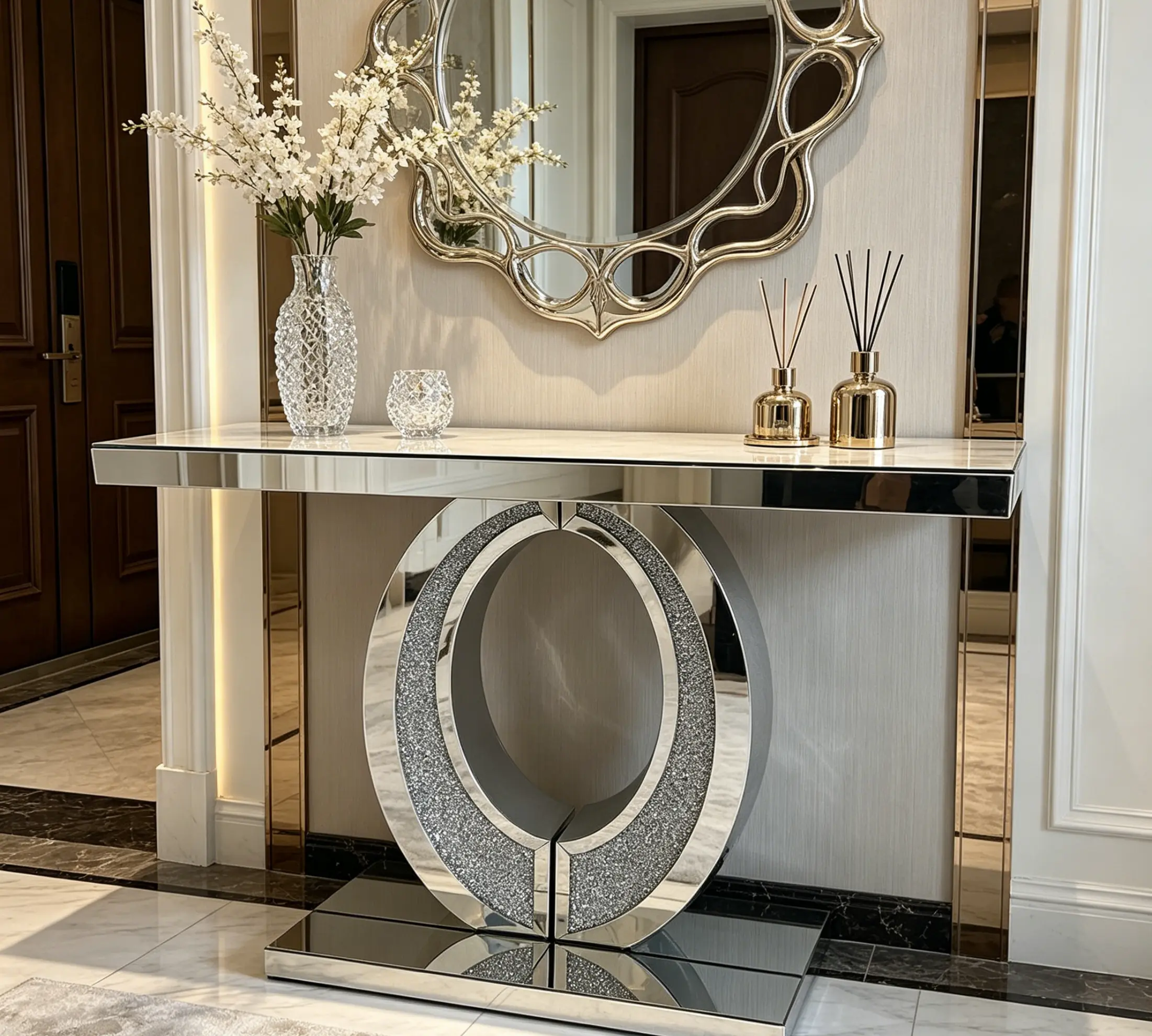 Large Mirrored Console Table - Elegant Olive-Shape Design, Crushed Diamond Finish - Modern Glass Accent Furniture, Indoor Table for Hallway, Living Room, Glass Table