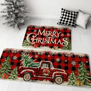 ‌Christmas Farmhouse Truck Red Buffalo Plaid Kitchen Mat Set of 2 Decorative Rugs for Home Bedroom Bathroom Indoor Merry Holiday Decor‌ Vintage Area Rugs Botanical Area Rugs
