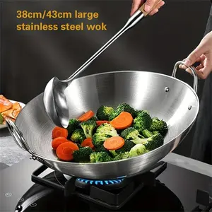 1pc, Thickened Stainless Steel  Wok, For Gas Stovetop And Induction Cooker, Kitchen Utensils, Kitchen Gadgets, Kitchen Accessories, Home Kitchen Items, Kitchen Food Cookware 11.81''/13.39''/14.96''