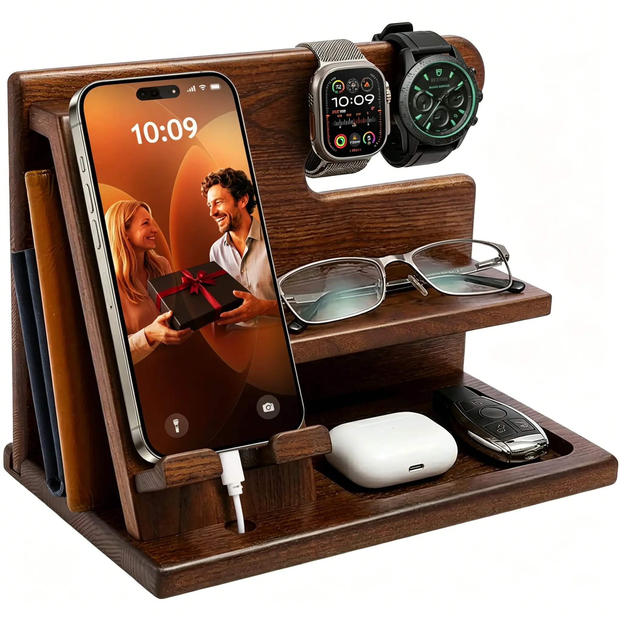 Wood Cell Phone Docking Station - Desk Accessory Table Mount, Key Holder, Wallet Watch Organizer Stand - Mens Gifts for Him, Man Cave Gadgets, Birthday Anniversary Present for Dad, Husband, Mobile Accessories