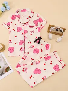 Women's Cute Bow Print Short Sleeve Sleepwear Loungewear Set, Pajama Set, Comfortable Lapel Top & Loose Elastic Pants, Casual Home Wear for All Seasons