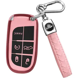 for Jeep Key Fob Cover Case with Keychain for Jeep Grand Cherokee Renegade Compass Dodge Journey Durango Challenger Charger Dart RAM Fiat Chrysler 200 300 Smart Remote (Pink)