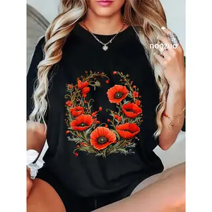 100% Cotton Red Poppy Flower Botanical Red Poppies For Women T-Shirt