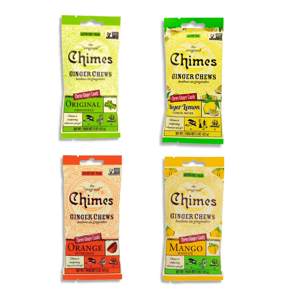 Chimes Ginger Chews Variety Pack of 4 Bundle - 1 of each (Original, Mango, Lemon & Orange) 6 oz total Low Calorie, Vegan, GF, Organic, Ginger Chews for Nausea, Morning Sickness, Sore Throat Relief