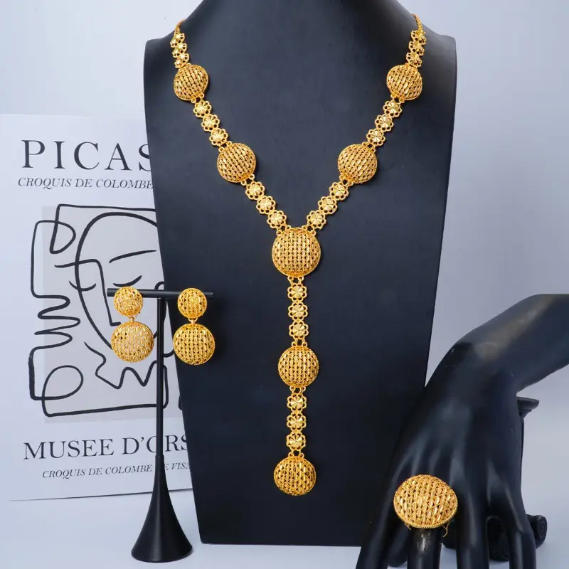 Dubai Quality Gold-Plated 3-in-1 Elegant Jewelry Set - Gold Earrings, Ring, Extension Chain Necklace for African Brides, Gold Earrings Set