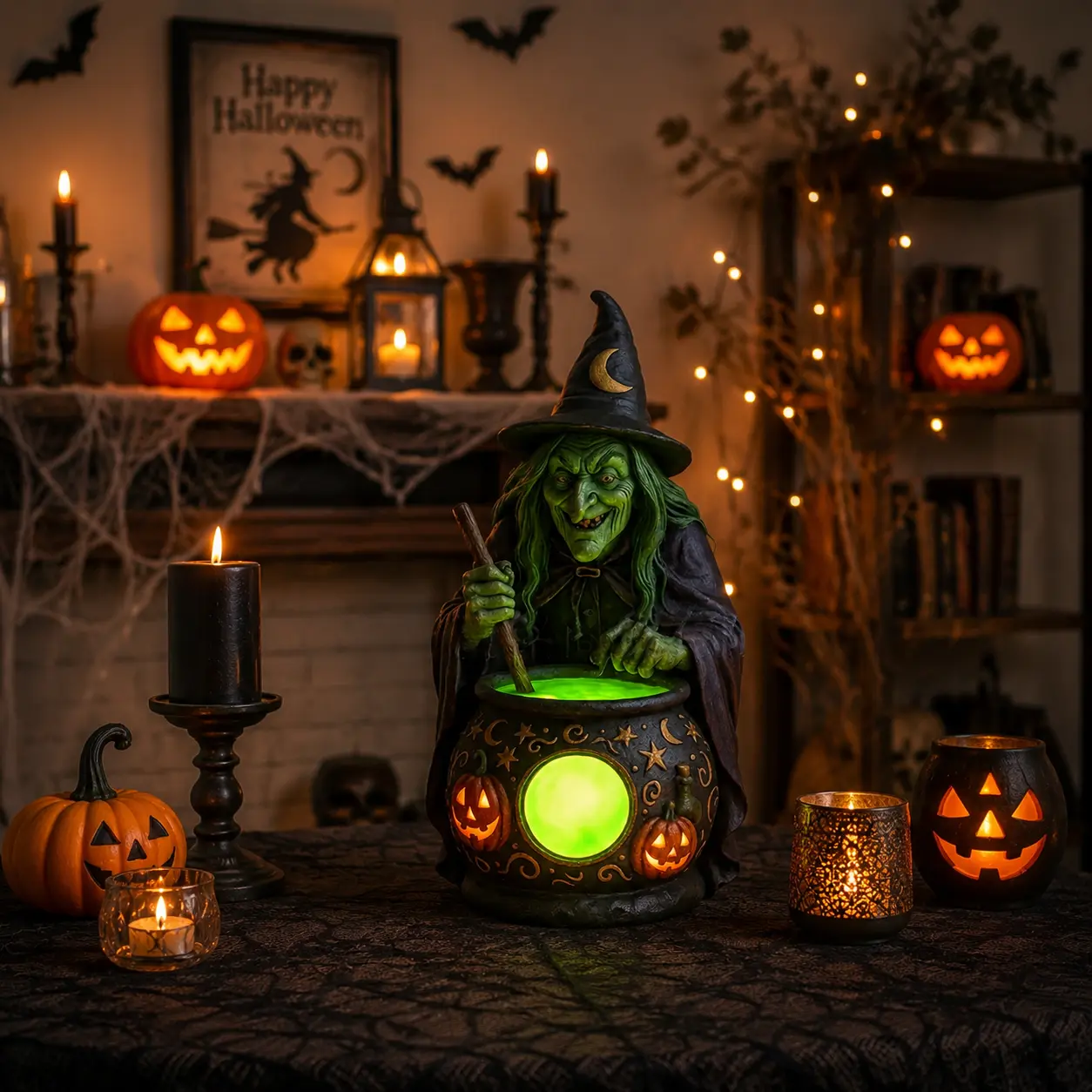 Halloween Witch Cauldron Night Light, Glowing Green Pumpkin Magic Decor, Spooky Home Decoration
