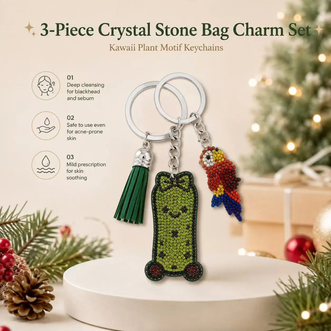 Women's 3pcs Crystal Stone Bag Charm Set - Kawaii Plant Motif Keychains with Colorful Tassels, Female Bag Accessory for Purses, Backpacks, Gift Ideas, Women's Handbags, Tassel Detail, Fashion, Multipack, Kawaii Accessories, Cute Keychains, Christmas Tree,
