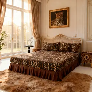 Luxury Crystal Velvet Leopard Print Bedding Set, Soft Warm Comfortable Sheets, Deep Pocket Design for Bedroom & Guest Room, Bed Skirt Set