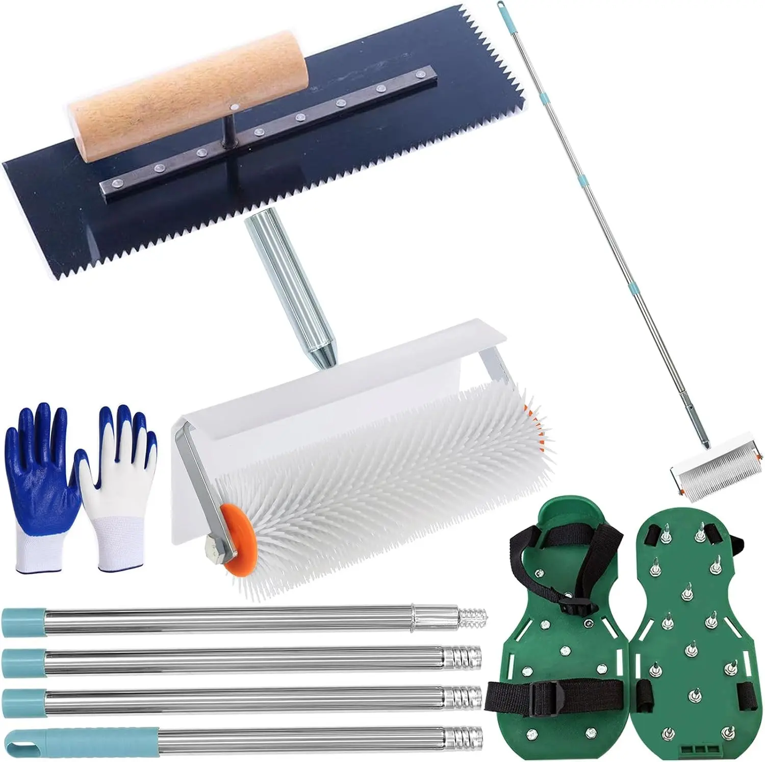 Self Leveling Tools Kit 10 inch Spiked Roller with 62in Extension Pole Epoxy Roller Spike Shoes for Concrete Epoxy Flooring Steel Notched Trowel Cement Floor Leveling Paint Tools