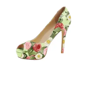 Pink and Green Floral Peep Toe High Heel Sandals - Elegant Design for Spring and Summer Wear