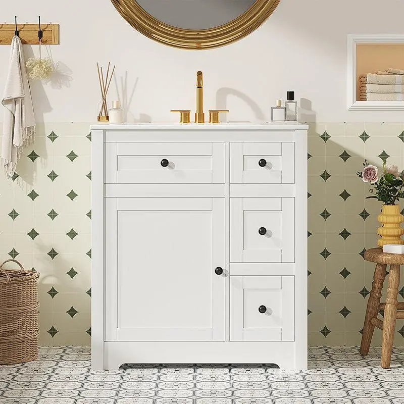 Ceramic Integrated Sink Bathroom Vanity 30 Inch, 2 Door 4 Drawer Storage Cabinet with Countertop, White Vanity Set for Bathroom