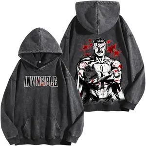 Omni-Man Invincible Washed Hoodie, Dual-Sided Comic Graphic Tee, Acid Wash Superhero Streetwear Shirt, Oversized Heavy Cotton Fan Apparel