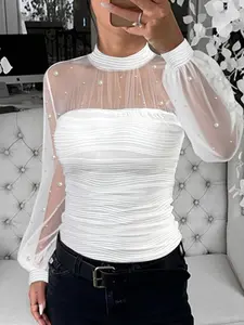 Elegant Women's Mesh Pearl Patchwork Ruched Top, Stylish Sleeveless Blouse for Ladies, Perfect for Parties & Daily Wear