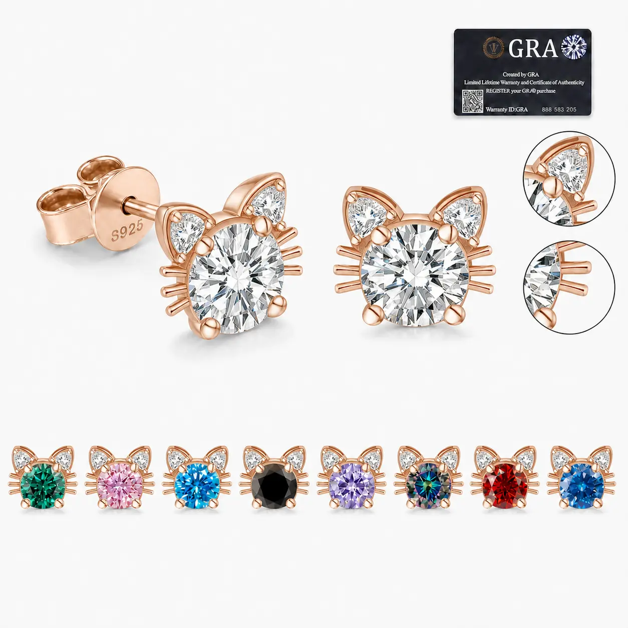 Moissanite Cat Stud Earrings for Women, S925 Sterling Silver Rose Gold Tone Lab-Created Earrings, Cute Multicolor Birthday Mother's Day Gift