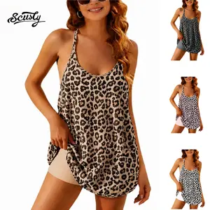 SCUSTY Women's Summer Leopard Print Tennis Dress Sleeveless Spaghetti Straps V Neck Mini Dress, Built-in Shorts Casual Athletic Dress with Side Pockets