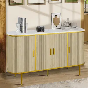 50" Modern Buffet Cabinet with Storage, Mid Century Fluted Accent Coffee Bar Console Table with Faux Marble Top, Curved Profile Sliding Doors for Kitchen, Living Room, Entryway