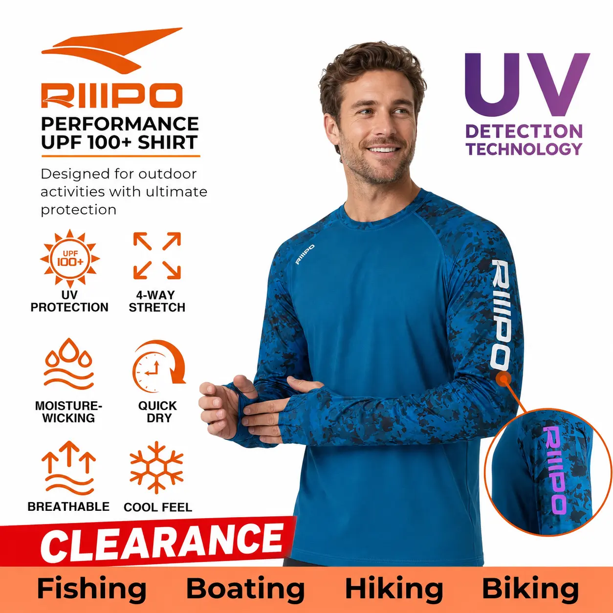 Clearance R30 RIIIPO Long Sleeve Crew Neck Shirts w/ UV Detection Logo Thumbhole Men UPF 100+ Sun Protection Lightweight Quick Dry Moisture Wicking Breathable Activewear for Outdoor Running Hiking Fishing Roofing Construction Landscaping summervibes