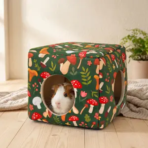 Cozy Forest Hideout for Guinea Pigs Washable House Green Mushroom Print Pet Mole Enclosure Dragonair Cat Bed for Small Pets Bunny Rabbit Hamster Chinchilla Accessories minilop nest pigeon