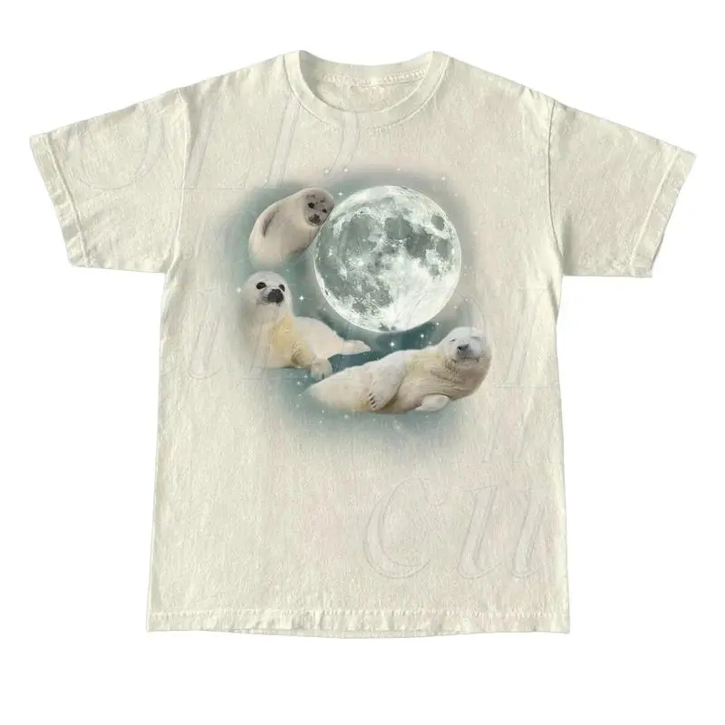 Three Baby Seal Vintage Graphic T-shirts, Retro Sea Dog Moon Tshirt, Unisex Adult Tee, Seal Lovers, Cute Sea Dog Tee Menswear Top Underwear Streetwear Shortsleeve