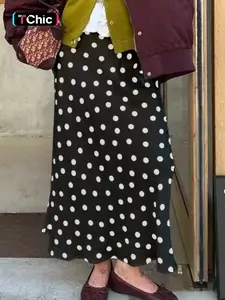 Womens Polka Dot Skirt Yellow Midi Skirt A Line High Waist, Loose Skirt Retro Vintage Style Flowing Satin Look Soft Silky Texture Casual Street Outfit Swing Summer Fashion Holiday Wear Boho Retro Daily Office