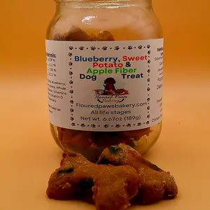 Floured Paws Bakery Blueberry and Sweet Potato homemade dog treats enhanced with vitamins D & E Allergy free option available