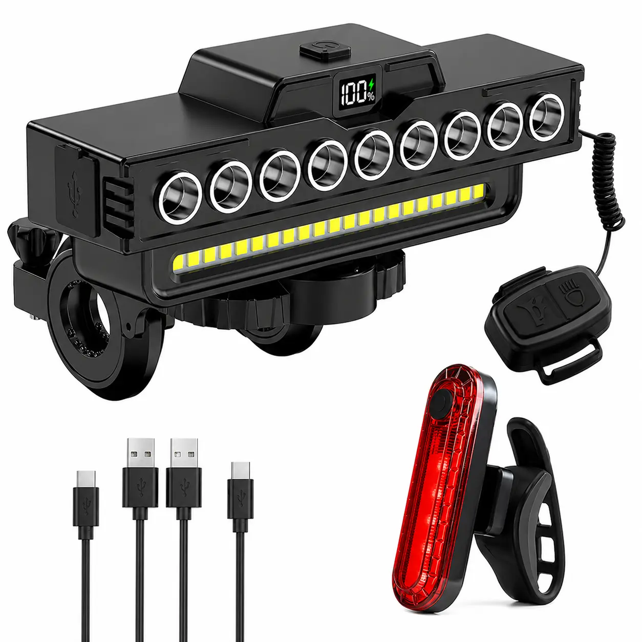 9-LED Wicks Super Bright Bike Headlight & Taillight Set for Youth Night Riding, Ebike Accessories, Adjustable Bracket, 120dB Remote Horn, USB-C USB Recharge, IPX5 Rain Ready, Toolless Install, Phone Power Bank