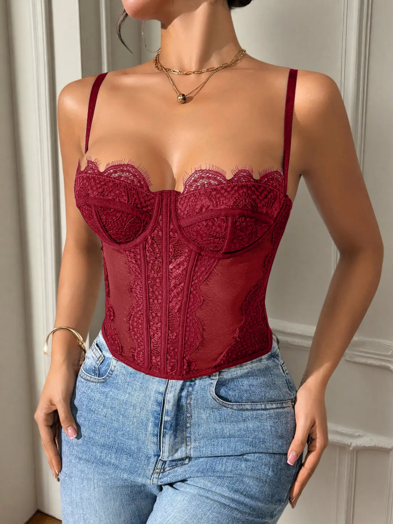 Lace Steel Ring Corset Top, Elegant Sleeveless Top, Sleeveless Slimming Rib Cage Vest, Back Button Hook Closure, Sheer Mesh Thin Straps, Bandeau Spaghetti Strap, Half Transparent Design, Women Underwear