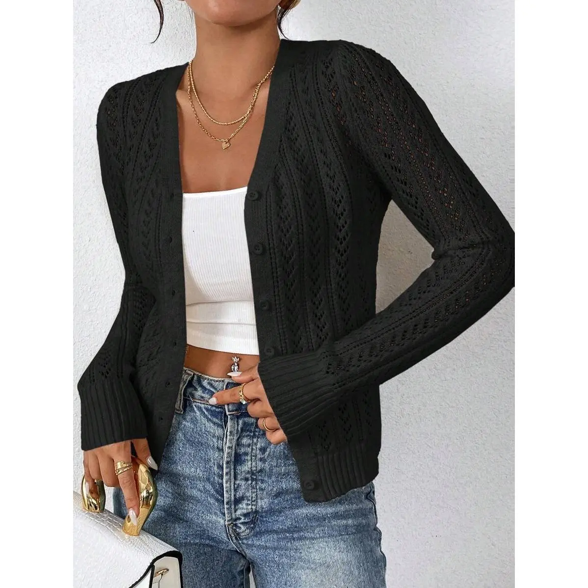 Frenchy Women Casual Black Hollow Out Knitted Buttoned Cardigan, Simple Design For Daily Wear, Autumn/Winter,Knitted Sweater