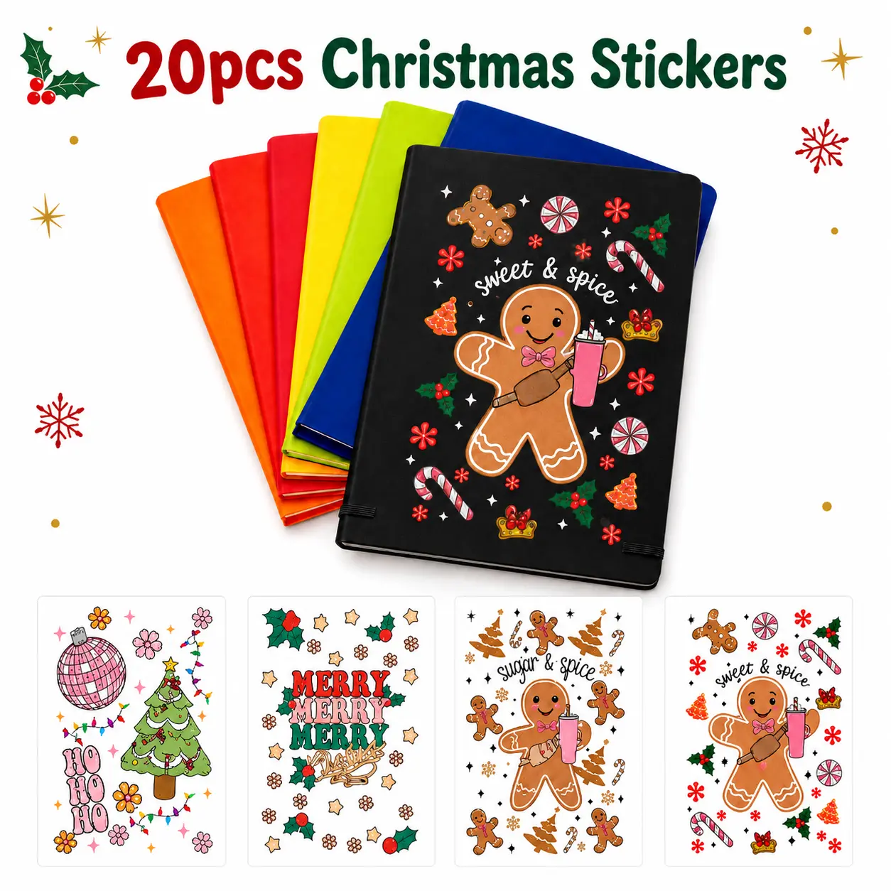 20pcs UV DTF Vinyl Christmas A5 Notebook Transfer Stickers, Cute Gingerbread Man & Candy Designs for Holiday Crafts, DIY Decorating