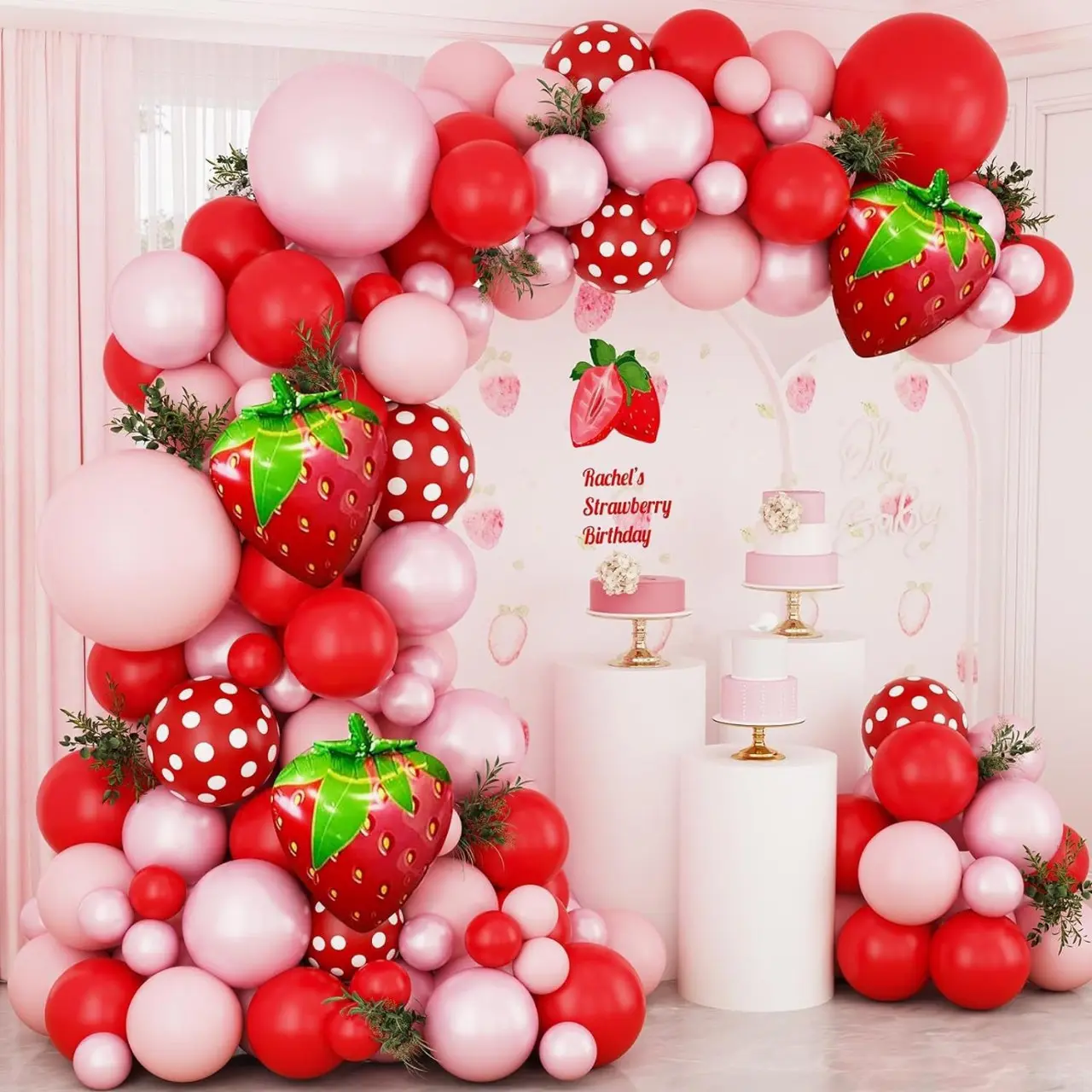 153pcs Strawberry Balloon Arch & Garland Set, Red and Pink Latex and Foil Balloons for Birthday, Wedding Indoor/Outdoor Party Decorations, Balloon Garland