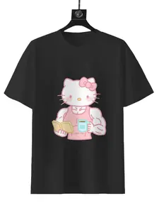 SANRIO Gym Rat Hello Kitty Tee - Black T-Shirt with Hello Kitty Graphic Holding Coffee Cup Design for Summer Wear