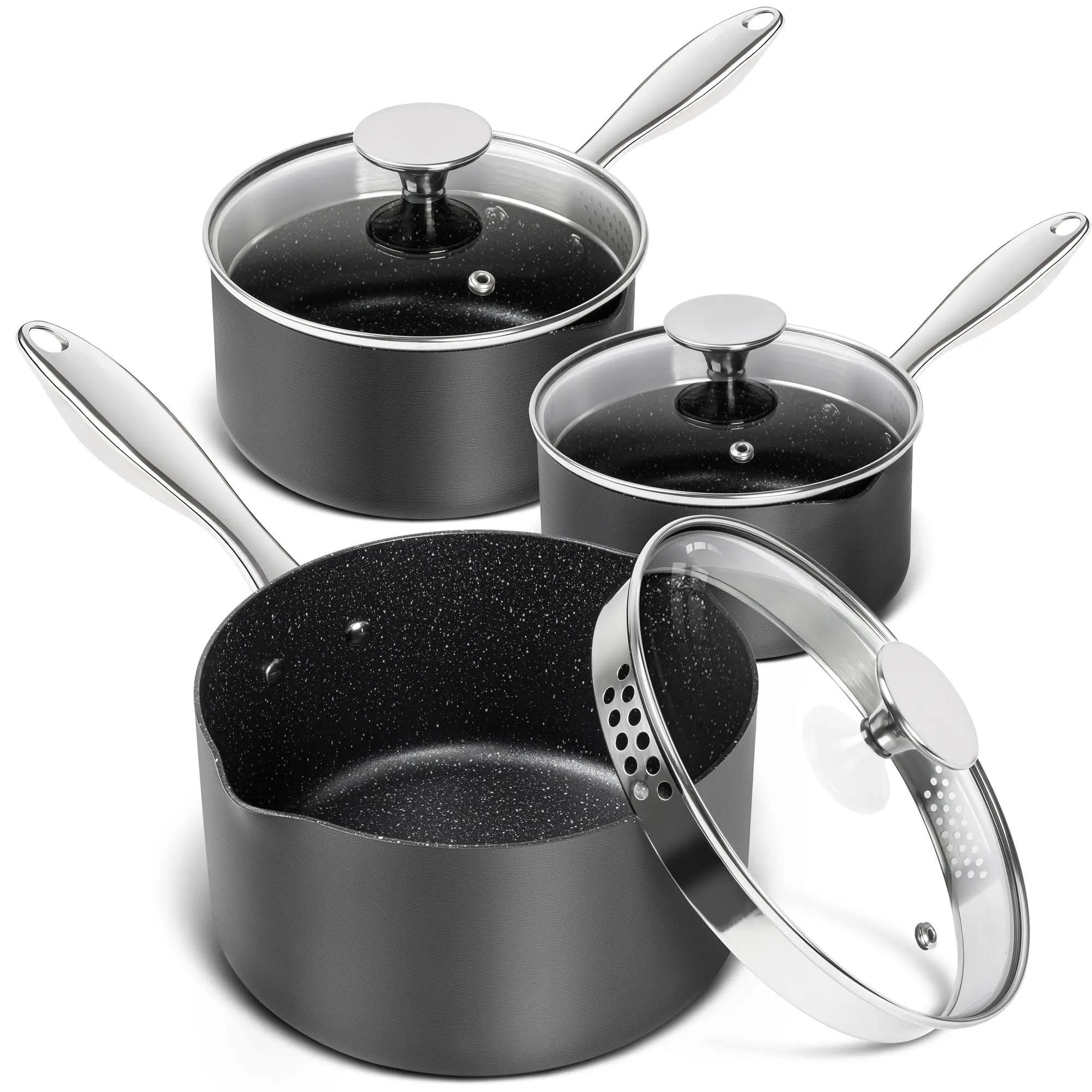 MICHELANGELO 3QT Nonstick Hard Anodized Aluminium Saucepan with Handle - Heavy-Duty Construction, Tri-Ply Build, Strainer Lid, Pour Spouts, Granite Coating, Cadmium-Free, PFOA-Free Cookware for Healthier Meals, Easy Cleanup, Cooking Use