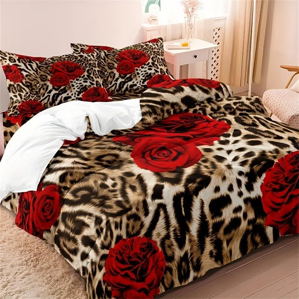 3pcs Leopard & Rose Pattern Comfort Bedding Set, Including Duvet Cover And Pillowcase Without Filler, Bedding Supplies For Home Bedroom Hotel And Dorm