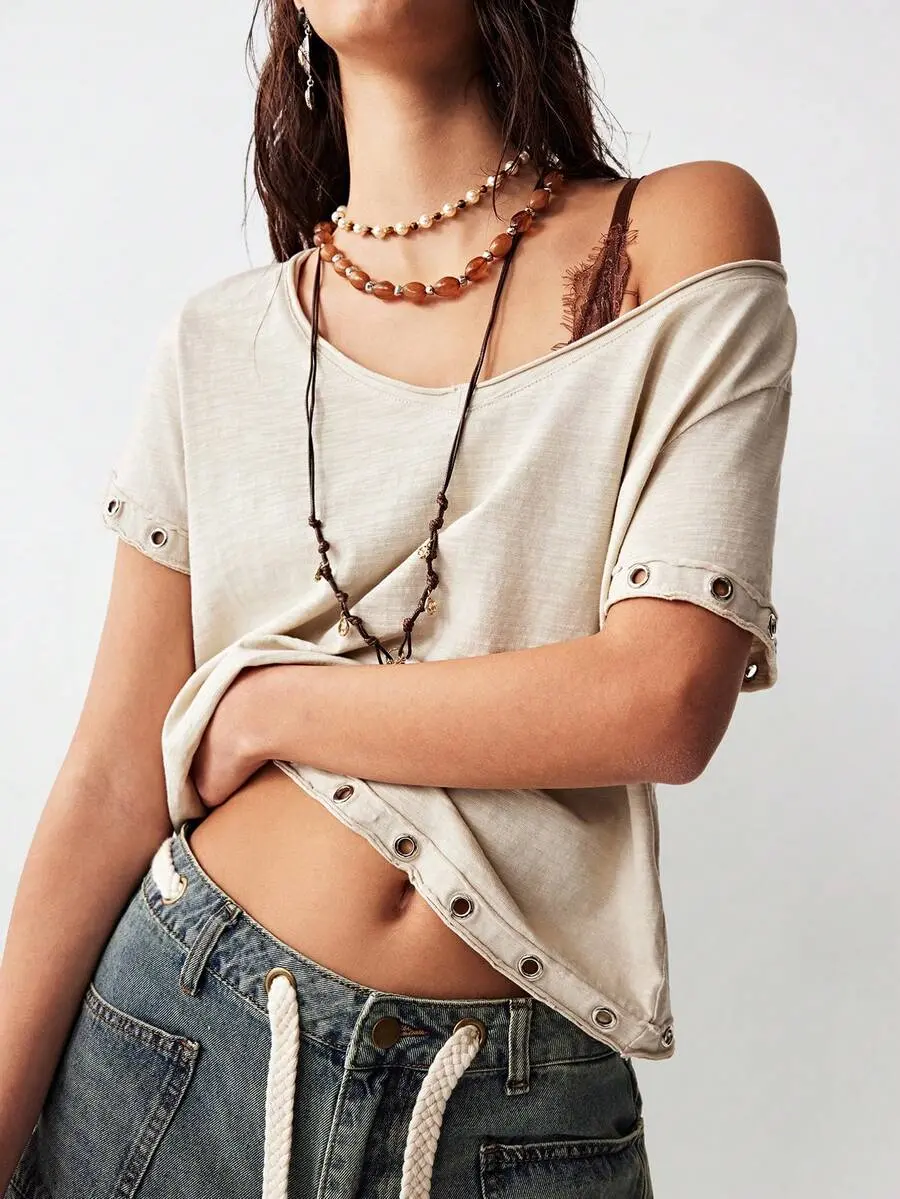 PAPER Women's Solid Color V-Neck T-Shirt, Short Sleeve Loose Fit Casual Top, Basic Summer Everyday Wear Shirt