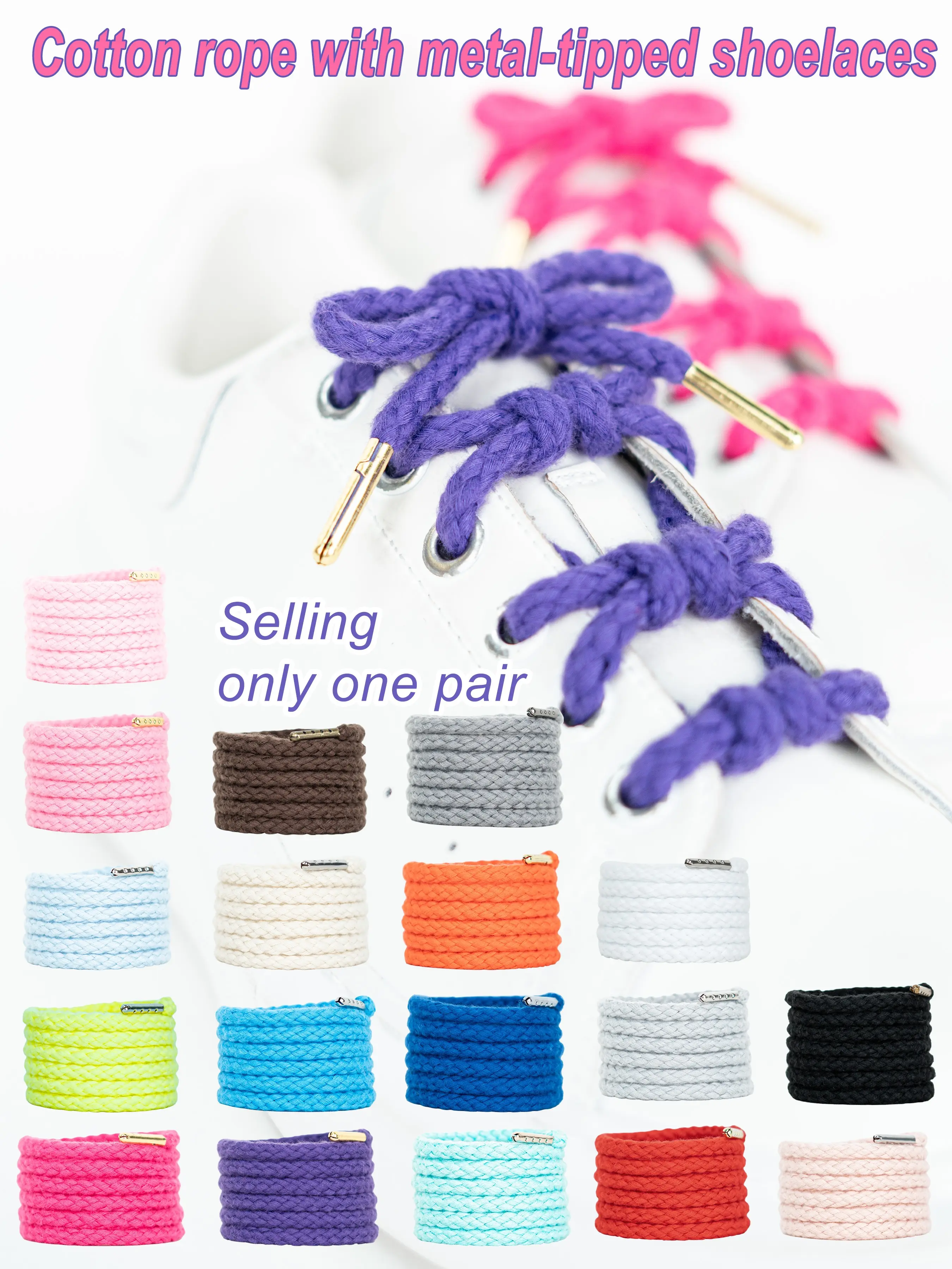Metallic Head Laces, 8mm Wide Round Braided Cotton Rope, Multiple Colors Available, Ideal for Casual Sports Shoes, Comfortable & Durable, Shoelace