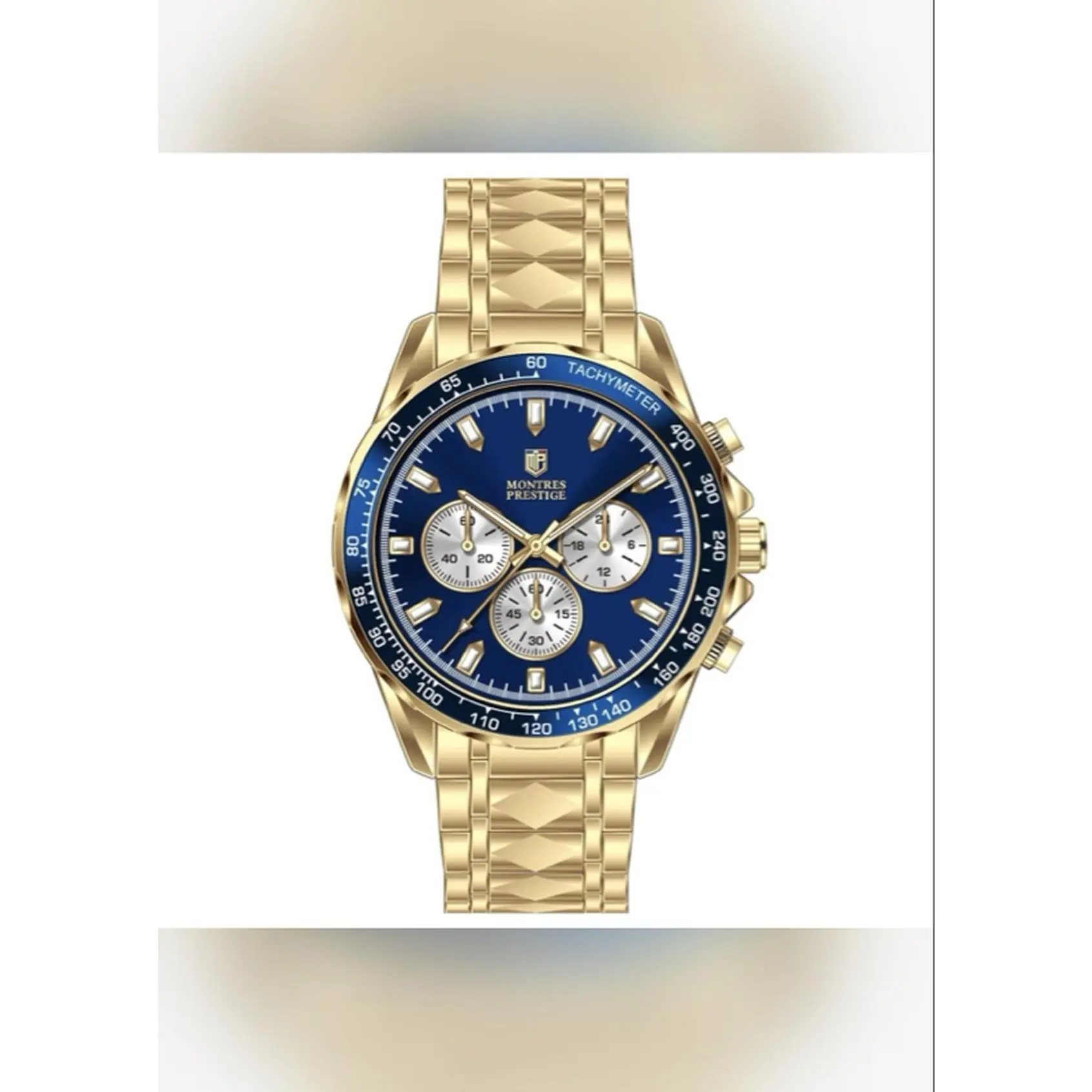 Montres Prestige MPW-0349 Gold Tone Chronograph Watch with Blue Dial and Tachymeter