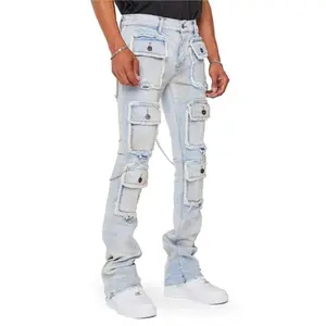 Cross-Border New Men's Denim Straight-Leg Pants European and American Street Fashion Ins Hot-Selling Elastic Workwear Denim Straight-Leg Pants Jean Menswear Trouser Streetwear Pocket Beige Wetsuit Light Blue Plain patch  pants