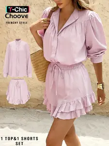 Two-Piece Set Women's Solid Color Loose Long Sleeves Ruffled Shirt & Skort Set, Elegant Fashion Casual Outfits for Daily Outdoor Wear, Women's Clothes for Summer, Top, Short, Womenswear