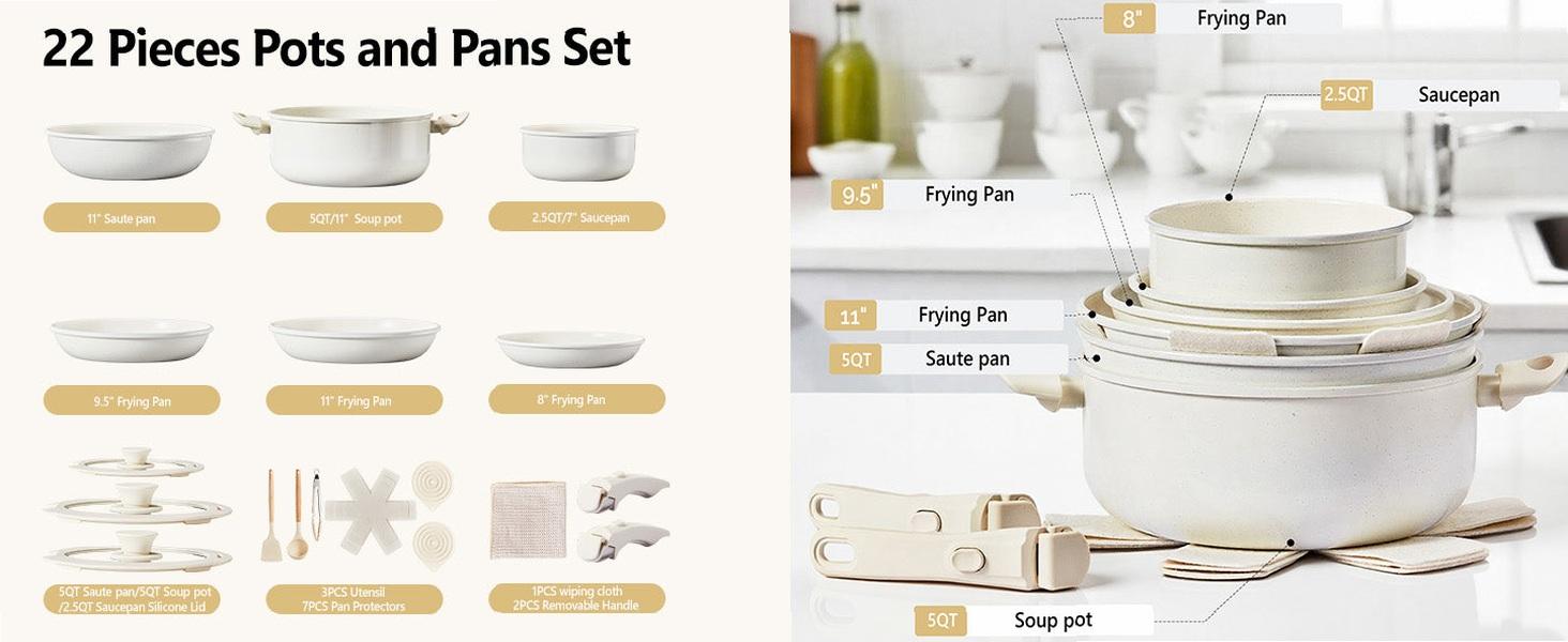 [FLASH SALE | ROVSUN ] 22 Pcs Nonstick Pots and Pans Set with Detachable Handles