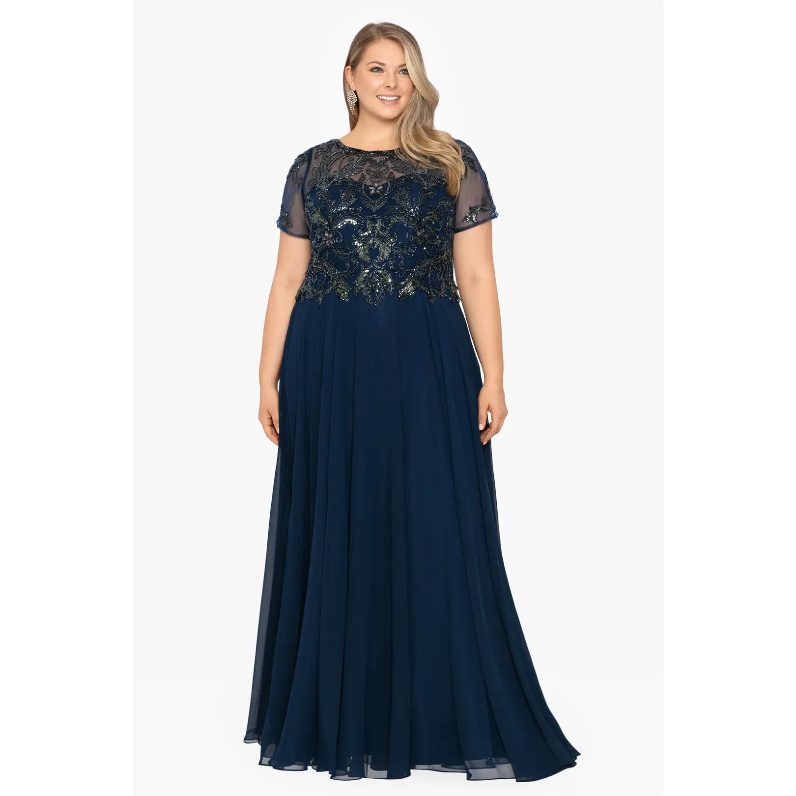 Xscape Evenings "Jerri" Beaded Short Sleeve Chiffon Gown 4230XW