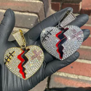 Full Ice Out Jumbo Large Gold/ White Gold Plated Banded Broken Heart Pendant Charm