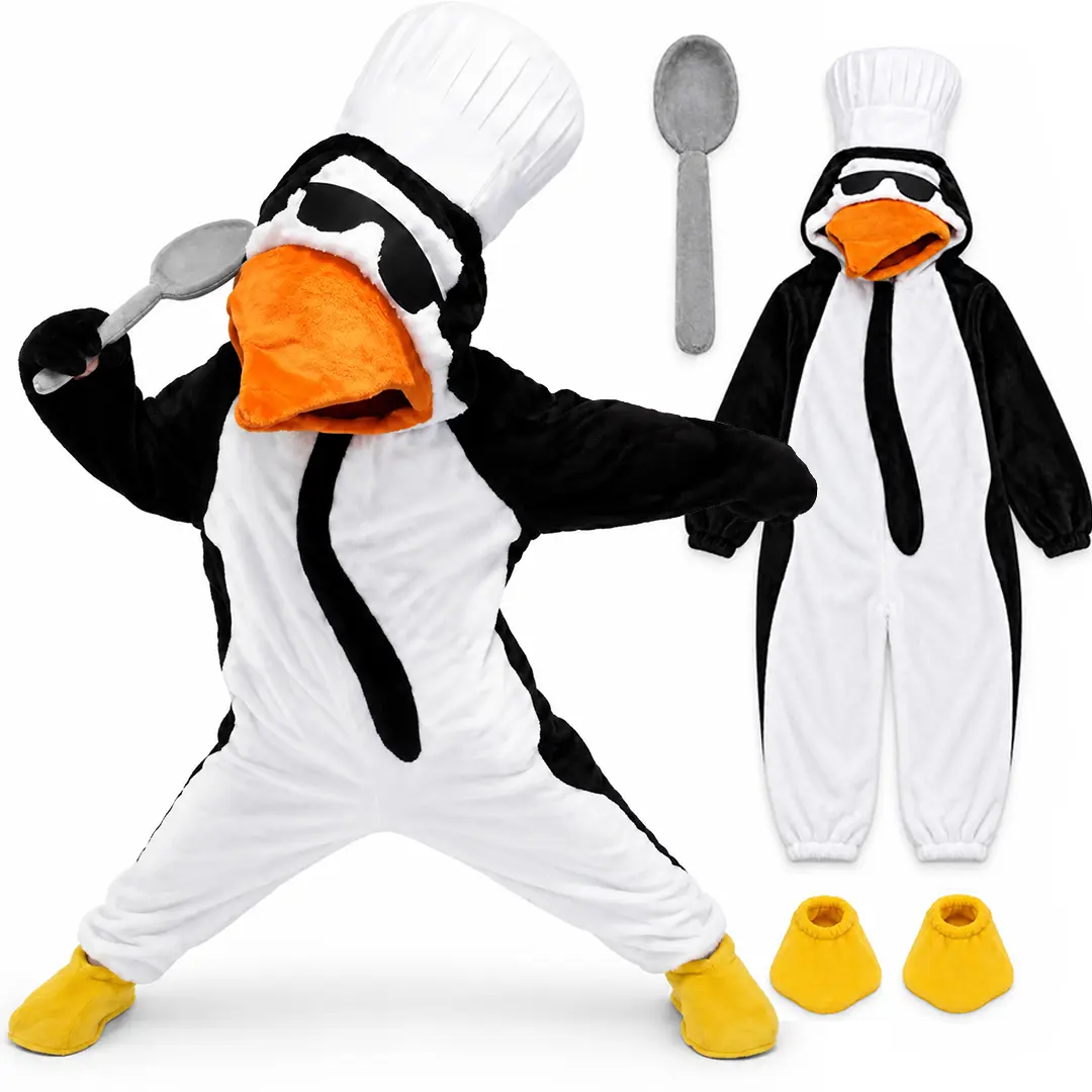 Gihuo Penguin Chef Plush Onesie Costume - Unisex Flannel One Piece Pajama with Chef Hat, Spoon & Foot Covers for Couples, Sleepover Parties, Halloween