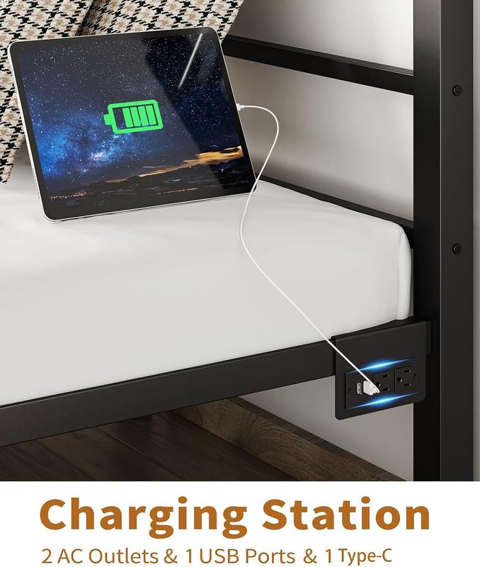 CollaredEagle Twin/Full Bed Frame with Headboard and Footboard,Steel Slats Support-LED Bed Frame with USB Charging Station,Mattress Foundation-Under Bed Storage,No Box Spring Needed,Noise Free.