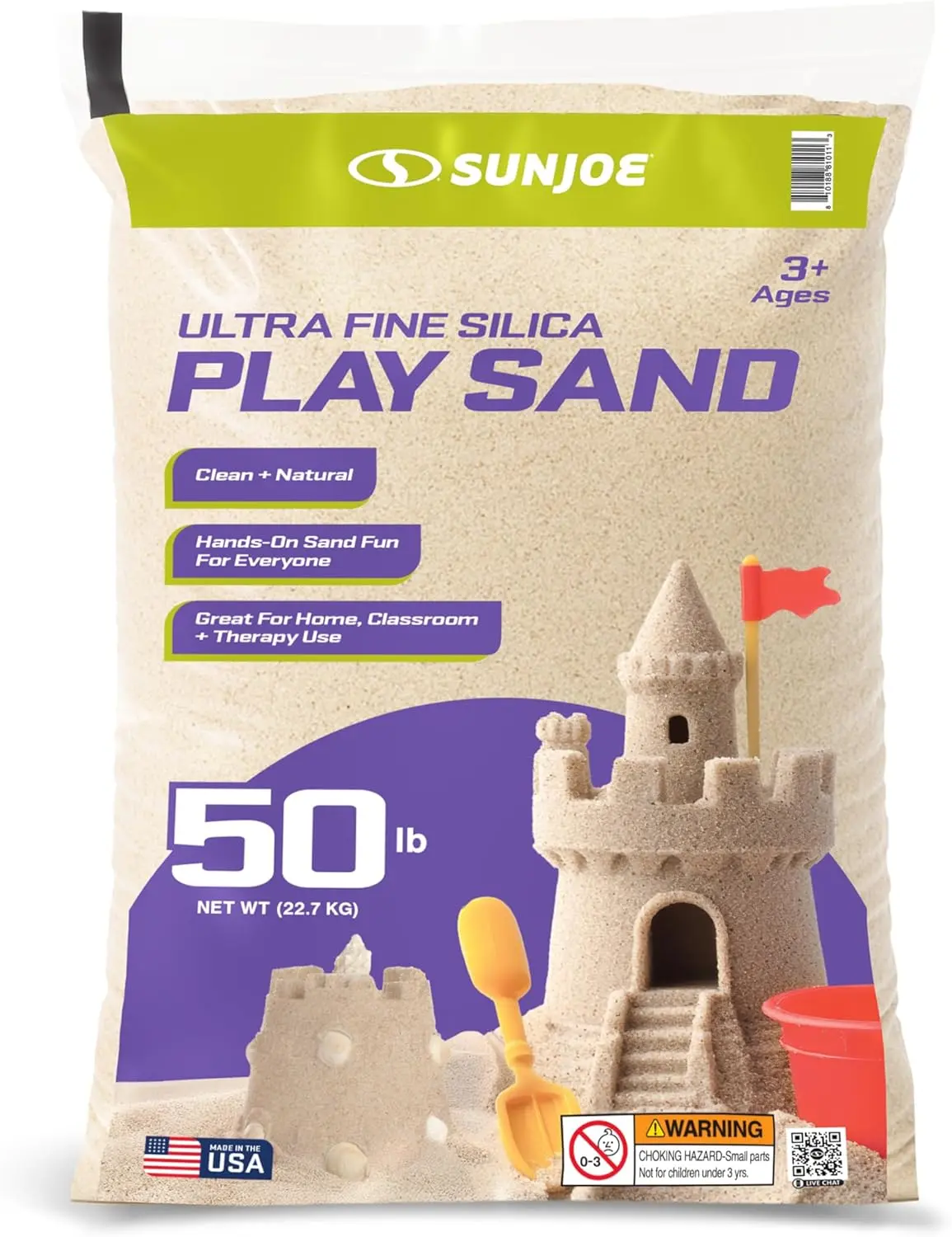 Sun Joe Silica Play Sand for Sandbox, Sensory Table & Garden Spaces, Ultra Fine, 50 Lb Bag - Indoor and Outdoor Natural Craft Accessory for Molding, Digging, Sculpting and Gardening, PLYSAND50