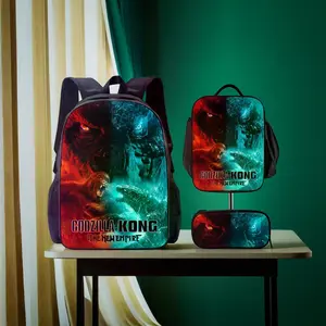 Godzilla Backpack Set, 3pcs Dinosaur Backpack, Schoolbag 3 Piece Set, Cartoon Teens Backpack