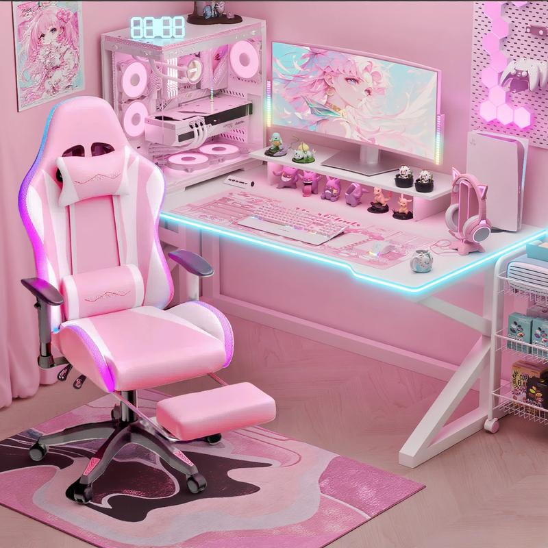 【Sweet!!】Mr IRONSTONE Gaming Chair with Speakers and Led Lights Ergonomic Massage Computer Gaming Chair with Broaden Cusion and Footrest High Back Video Game Chair for Adults Kids Boyfriend Father's Gift, Blue Black and Pink