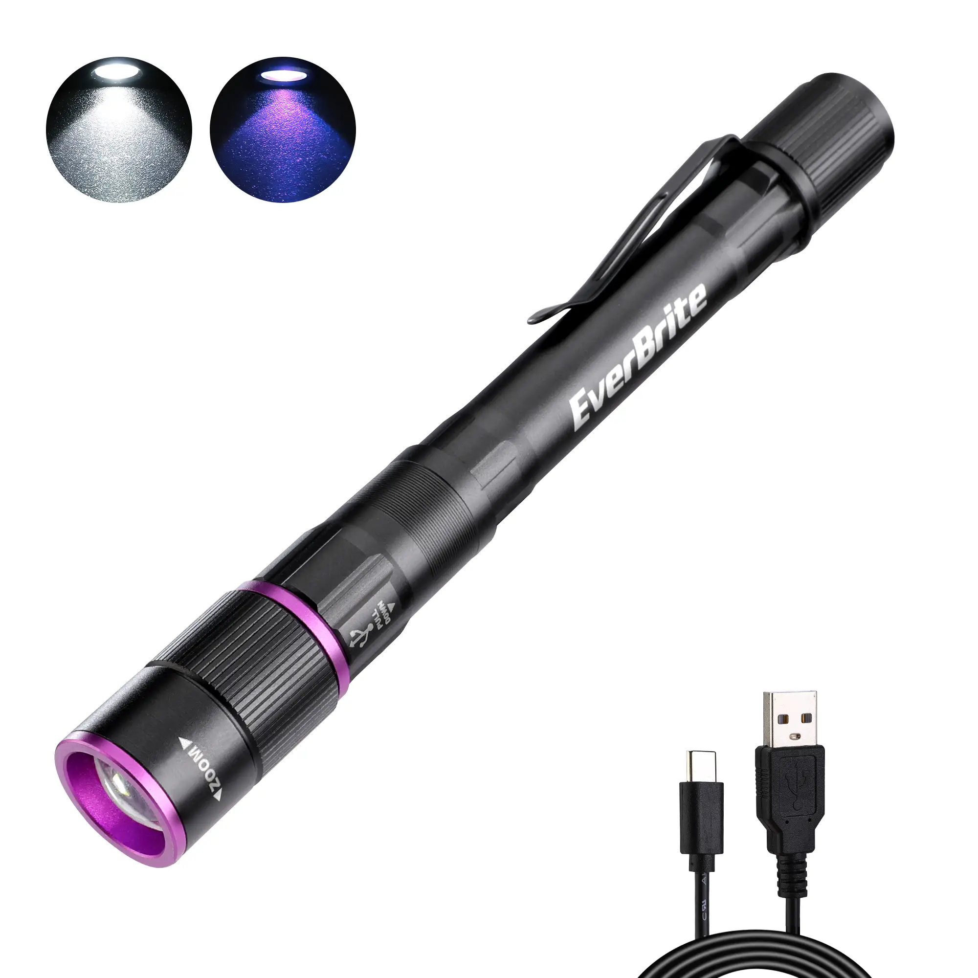 #FallDealsforYou EverBrite Rechargeable Pen Flashlight with UV Light and White Light, 395nm Black Flashlight with Clip, Zoomable 4 Modes with Memory F